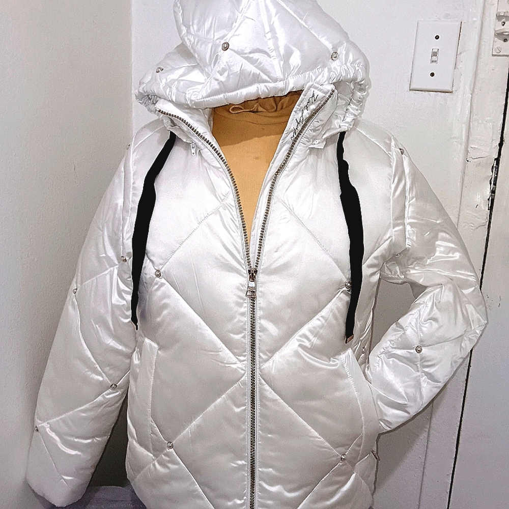 Karl Lagerfeld Paris Pearl Studded with removable Zipped Hooded Hip Jacket